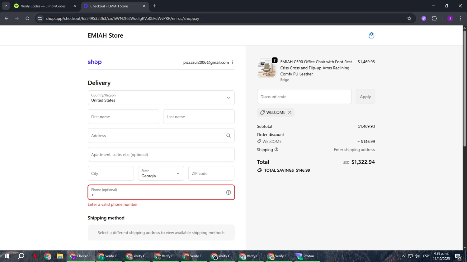 EMIAH promo code screenshot showing code WELCOME applied at EMIAH checkout page. Uploaded by SimplyCodes community member ComeBurra123 on Oct 11, 2025