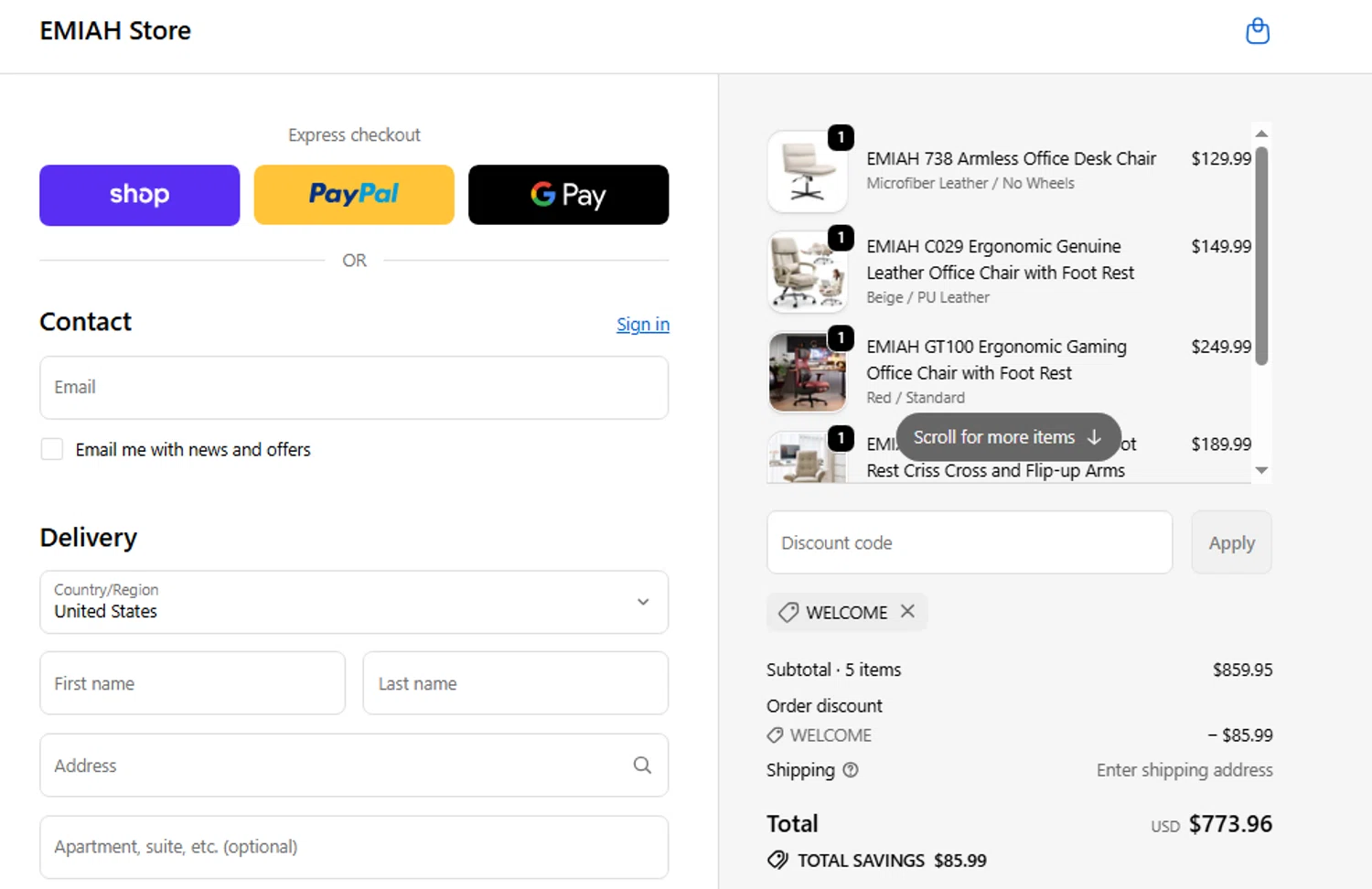 EMIAH promo code screenshot showing code WELCOME applied at EMIAH checkout page. Uploaded by SimplyCodes community member SwiftShopper8601 on Nov 25, 2025