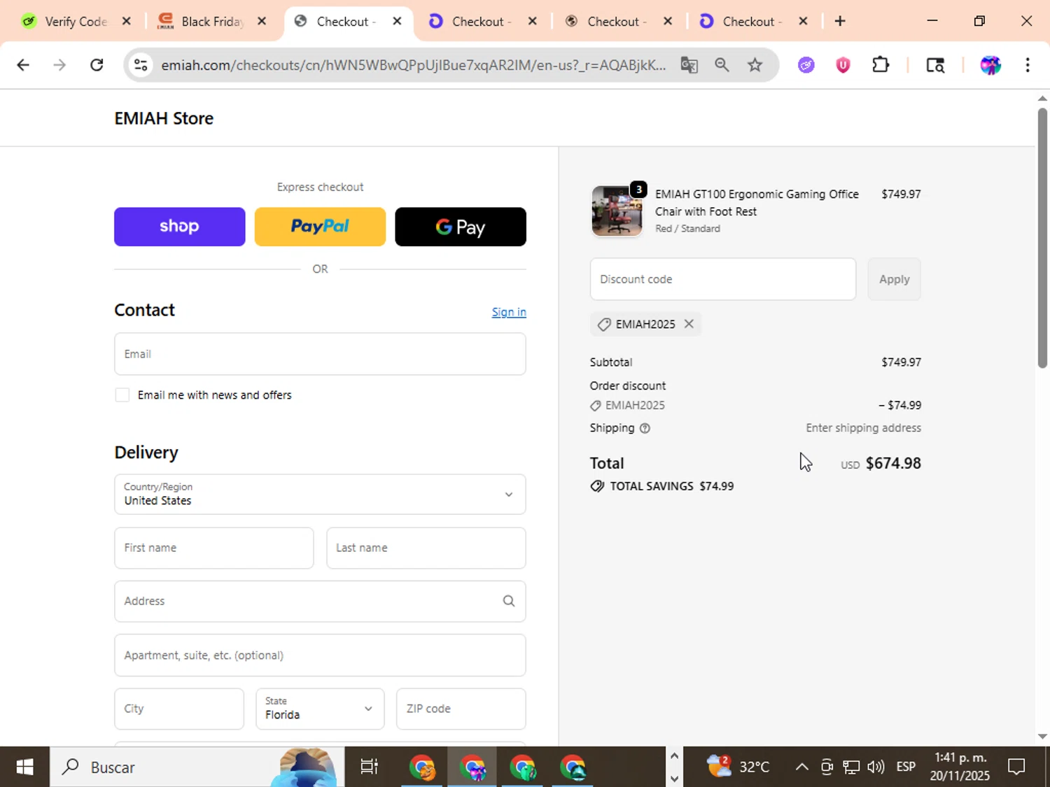 EMIAH promo code screenshot showing code EMIAH2025 applied at EMIAH checkout page. Uploaded by SimplyCodes community member ingric on Nov 20, 2025