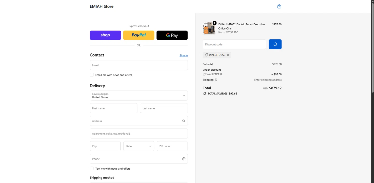 EMIAH promo code screenshot showing code WALLETDEAL applied at EMIAH checkout page. Uploaded by SimplyCodes community member ScanSpotter1700 on Dec 18, 2025