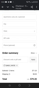 EARLY_YAY20 coupon verification screenshot
