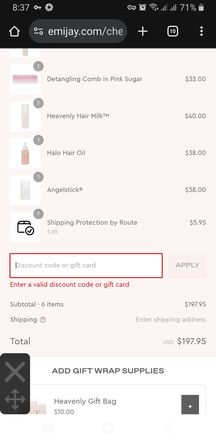 Emi Jay discount code screenshot showing code WELCOME10 applied at Emi Jay checkout page. Uploaded by SimplyCodes community member GloriousFinder136 on Aug 24, 2025