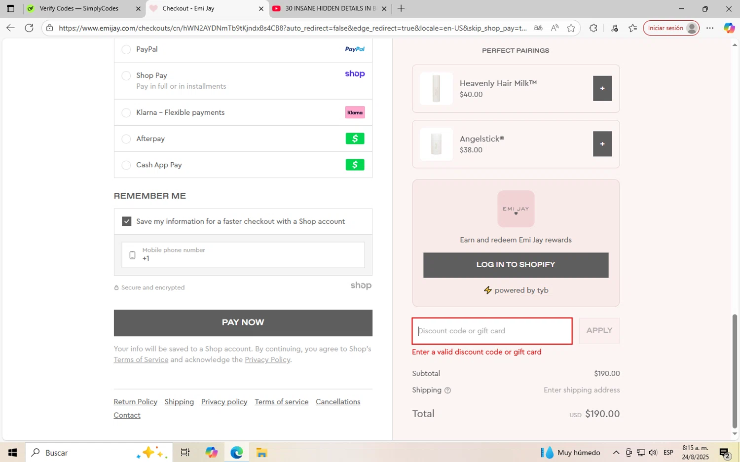 Emi Jay discount code screenshot showing code WELCOME10 applied at Emi Jay checkout page. Uploaded by SimplyCodes community member SavvyWizard7346 on Aug 24, 2025