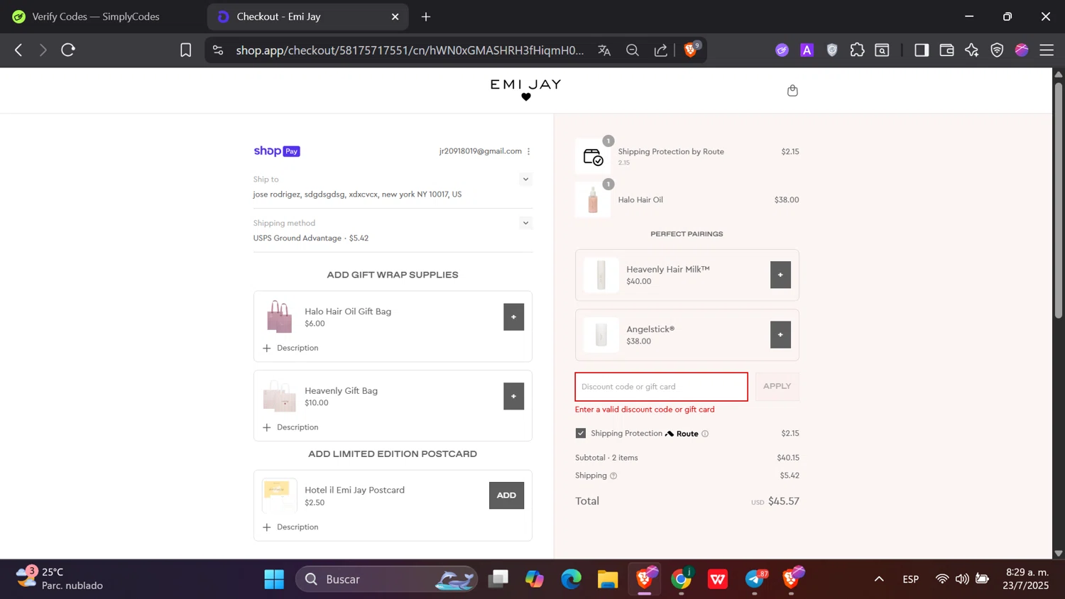 Emi Jay discount code screenshot showing code THANKYOU20 applied at Emi Jay checkout page. Uploaded by SimplyCodes community member hanzell2 on Jul 23, 2025
