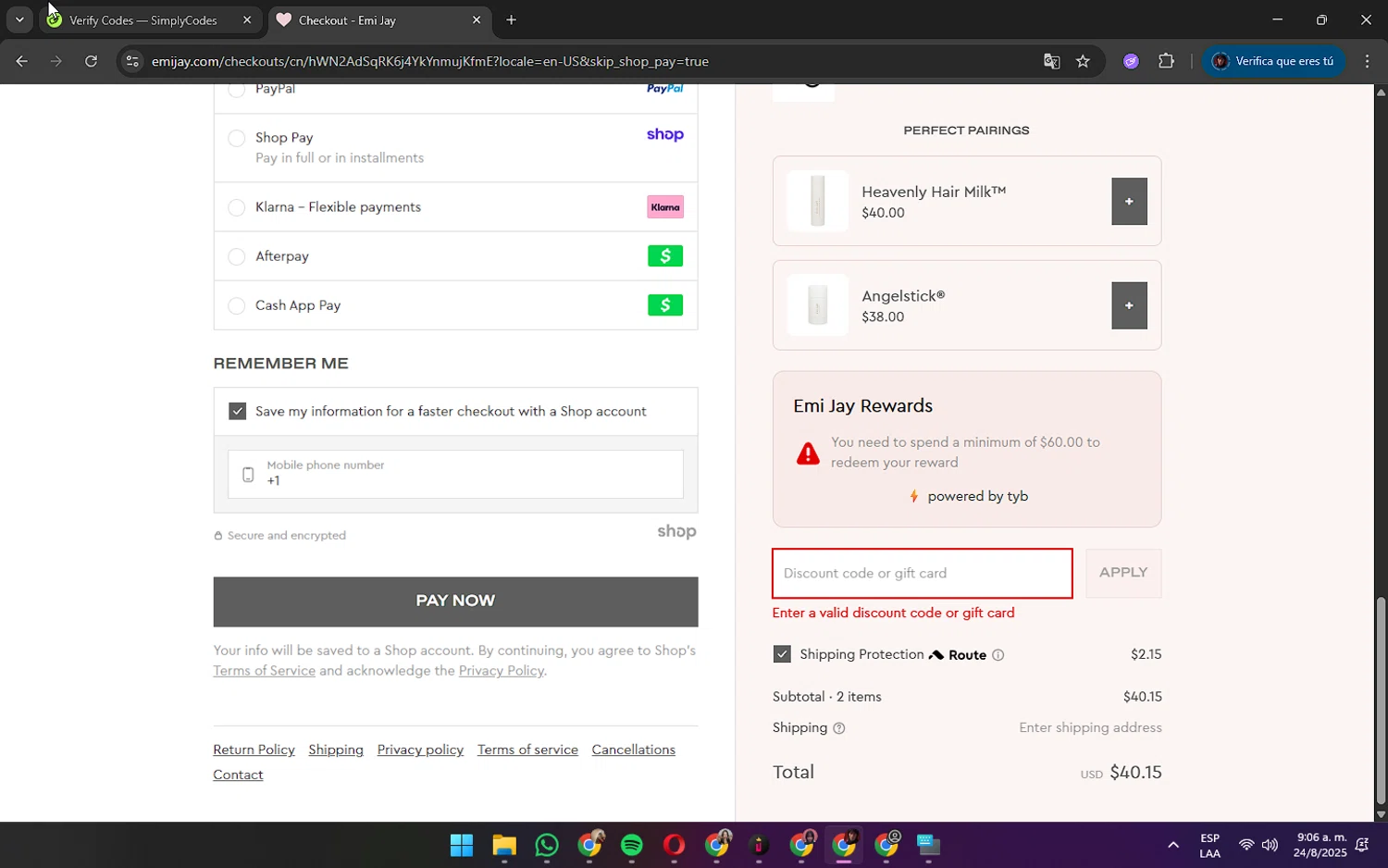Emi Jay discount code screenshot showing code THANKYOU10 applied at Emi Jay checkout page. Uploaded by SimplyCodes community member DexterMorgan on Aug 24, 2025