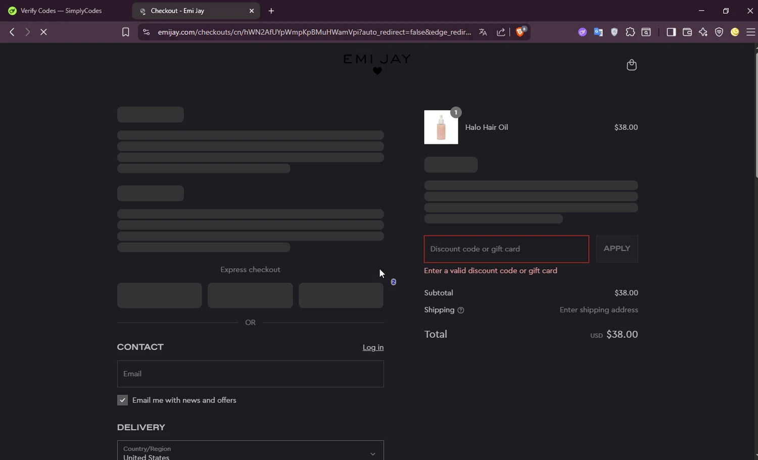 Emi Jay discount code screenshot showing code THANKYOU10 applied at Emi Jay checkout page. Uploaded by SimplyCodes community member Jisus007 on Aug 24, 2025