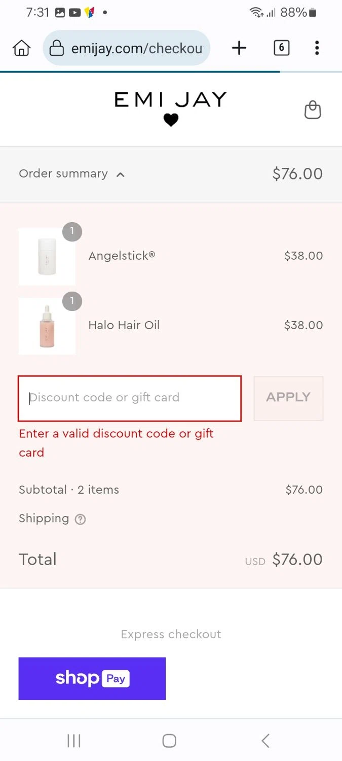 Emi Jay discount code screenshot showing code THANKYOU10 applied at Emi Jay checkout page. Uploaded by SimplyCodes community member ScanMaverick9378 on Aug 24, 2025