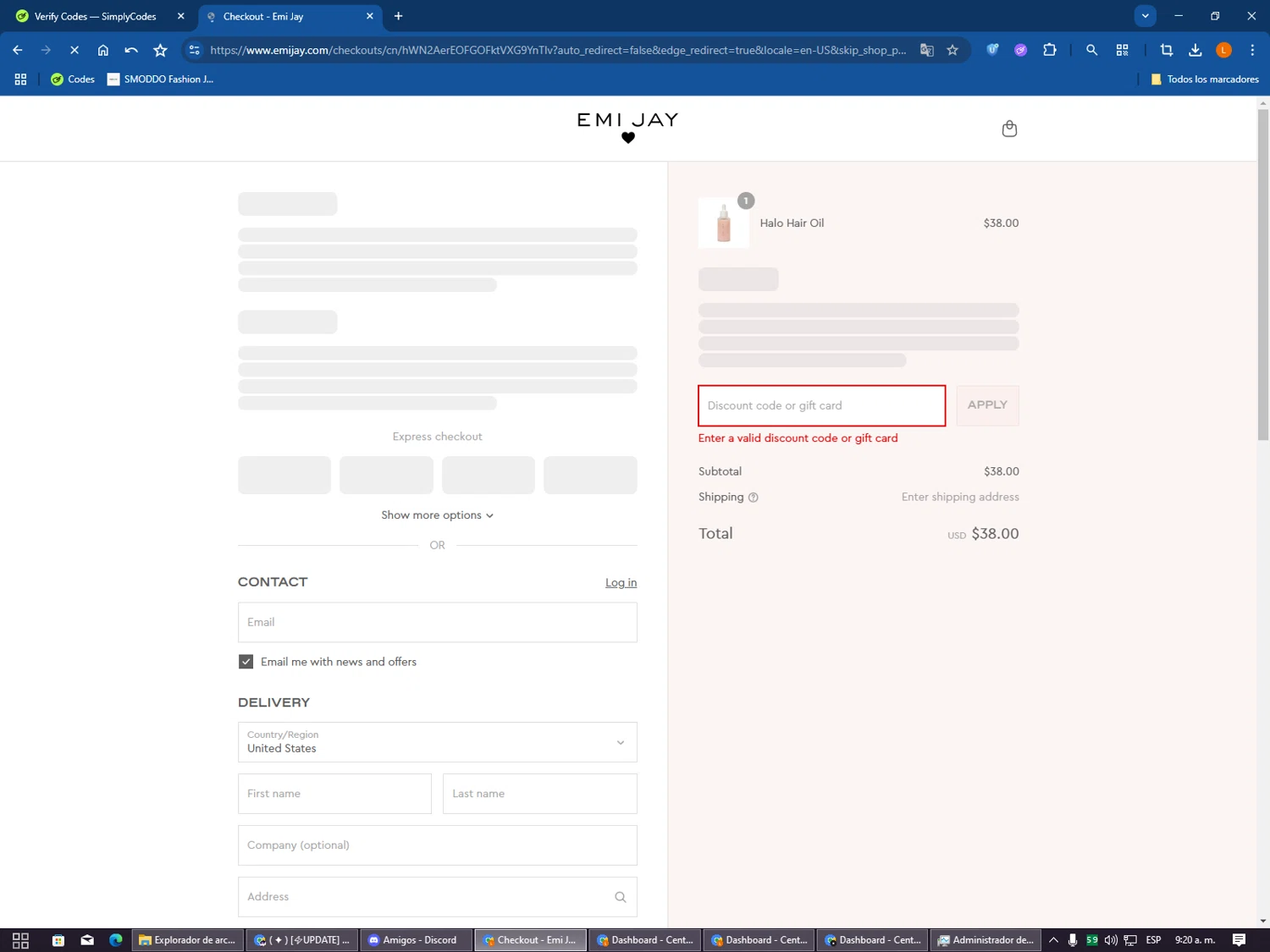 Emi Jay discount code screenshot showing code WELCOMESMS10 applied at Emi Jay checkout page. Uploaded by SimplyCodes community member VictoriousSentinel2155 on Aug 24, 2025