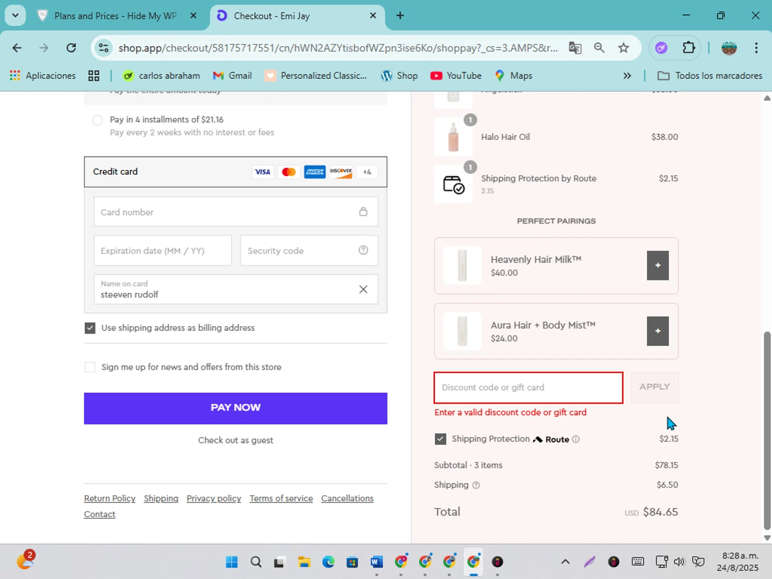Emi Jay discount code screenshot showing code WELCOMESMS10 applied at Emi Jay checkout page. Uploaded by SimplyCodes community member karolg on Aug 24, 2025