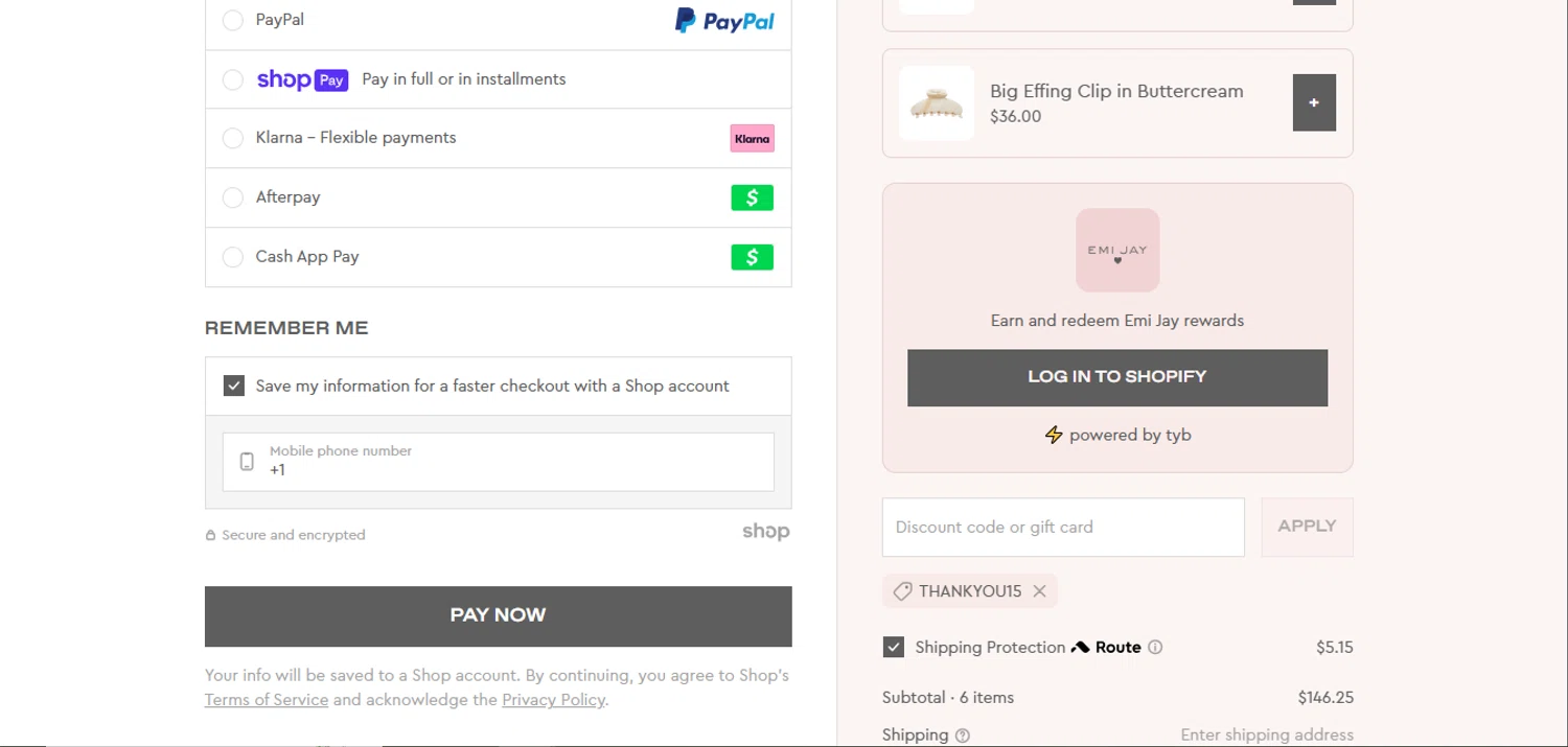 Emi Jay discount code screenshot showing code THANKYOU15 applied at Emi Jay checkout page. Uploaded by SimplyCodes community member juanisaac on Aug 10, 2025