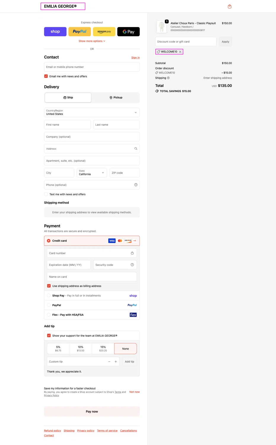 Emilia George promo code screenshot showing code Welcome10 applied at Emilia George checkout page. Uploaded by SimplyCodes community member chandlerbing on Jun 16, 2026