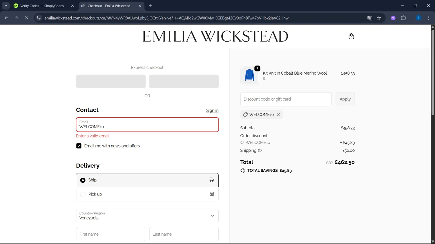 Emilia Wickstead promo code screenshot showing code WELCOME10 applied at Emilia Wickstead checkout page. Uploaded by SimplyCodes community member CodeSaver4373 on Nov 6, 2025