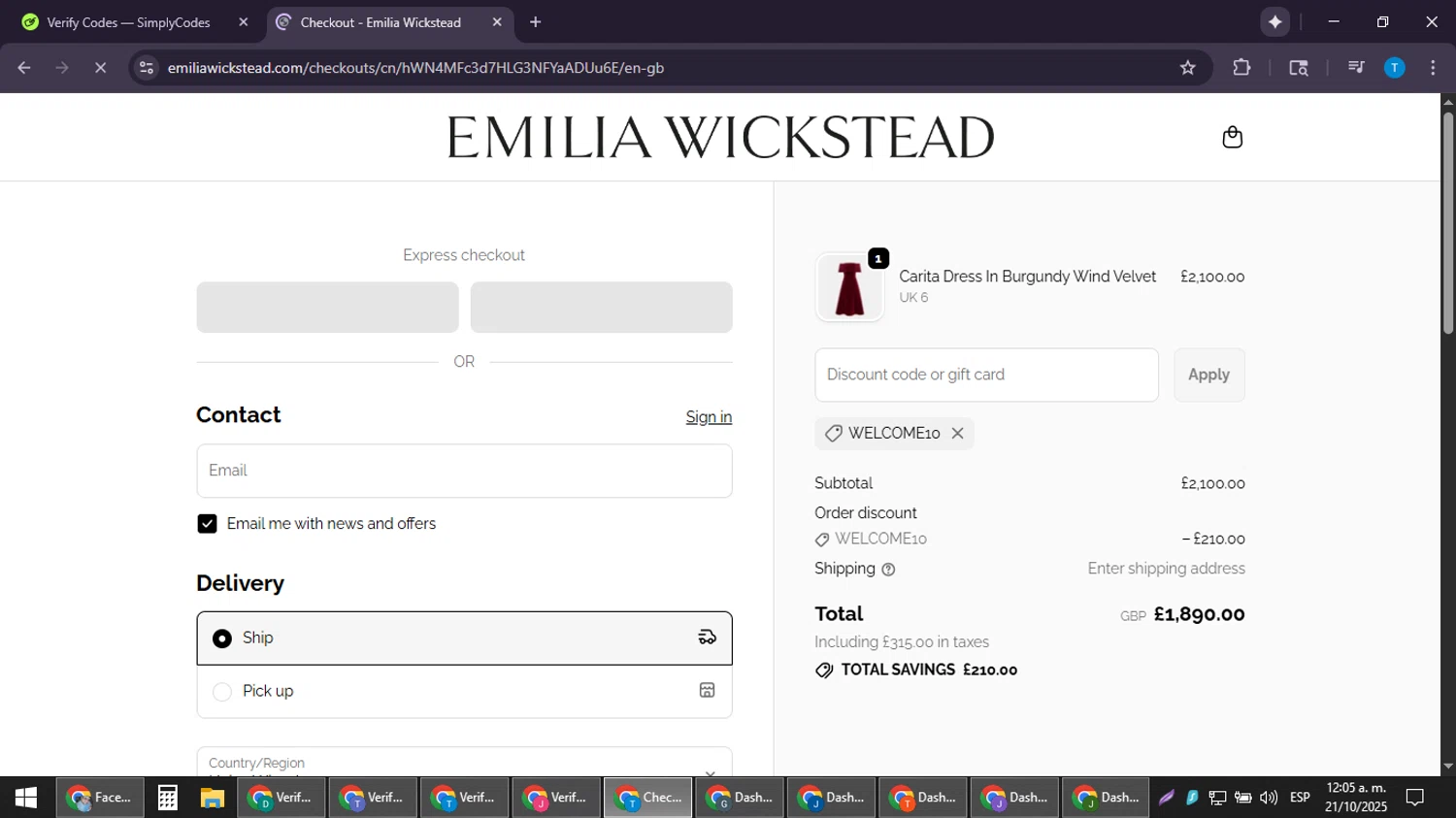 Emilia Wickstead promo code screenshot showing code WELCOME10 applied at Emilia Wickstead checkout page. Uploaded by SimplyCodes community member LuckyPioneer4530 on Oct 21, 2025