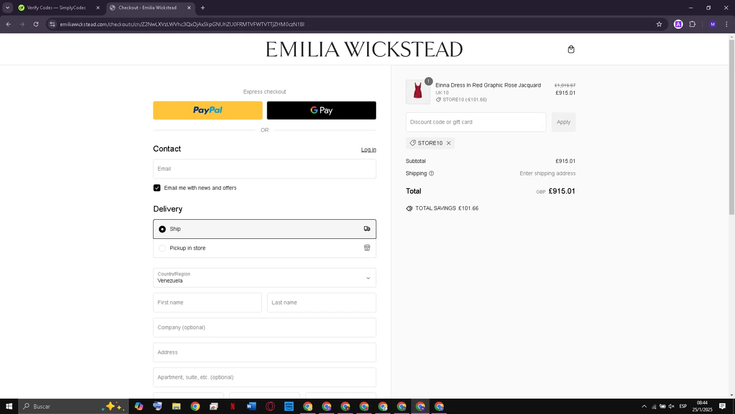 Emilia Wickstead promo code screenshot showing code STORE10 applied at Emilia Wickstead checkout page. Uploaded by SimplyCodes community member PromoAdmiral3171 on Jan 25, 2025