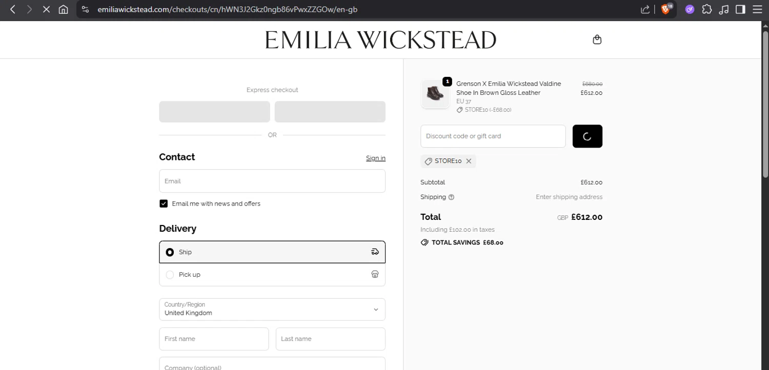 Emilia Wickstead promo code screenshot showing code STORE10 applied at Emilia Wickstead checkout page. Uploaded by SimplyCodes community member xAngel on Sep 23, 2025
