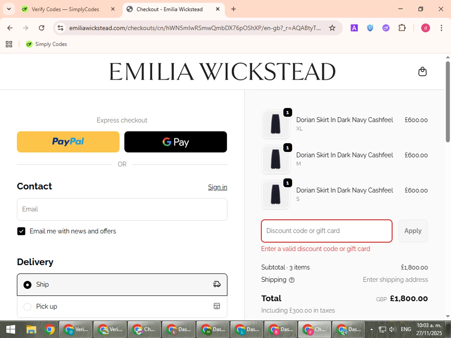 Emilia Wickstead promo code screenshot showing code VIP40 applied at Emilia Wickstead checkout page. Uploaded by SimplyCodes community member BudgetVoyager5452 on Nov 27, 2025