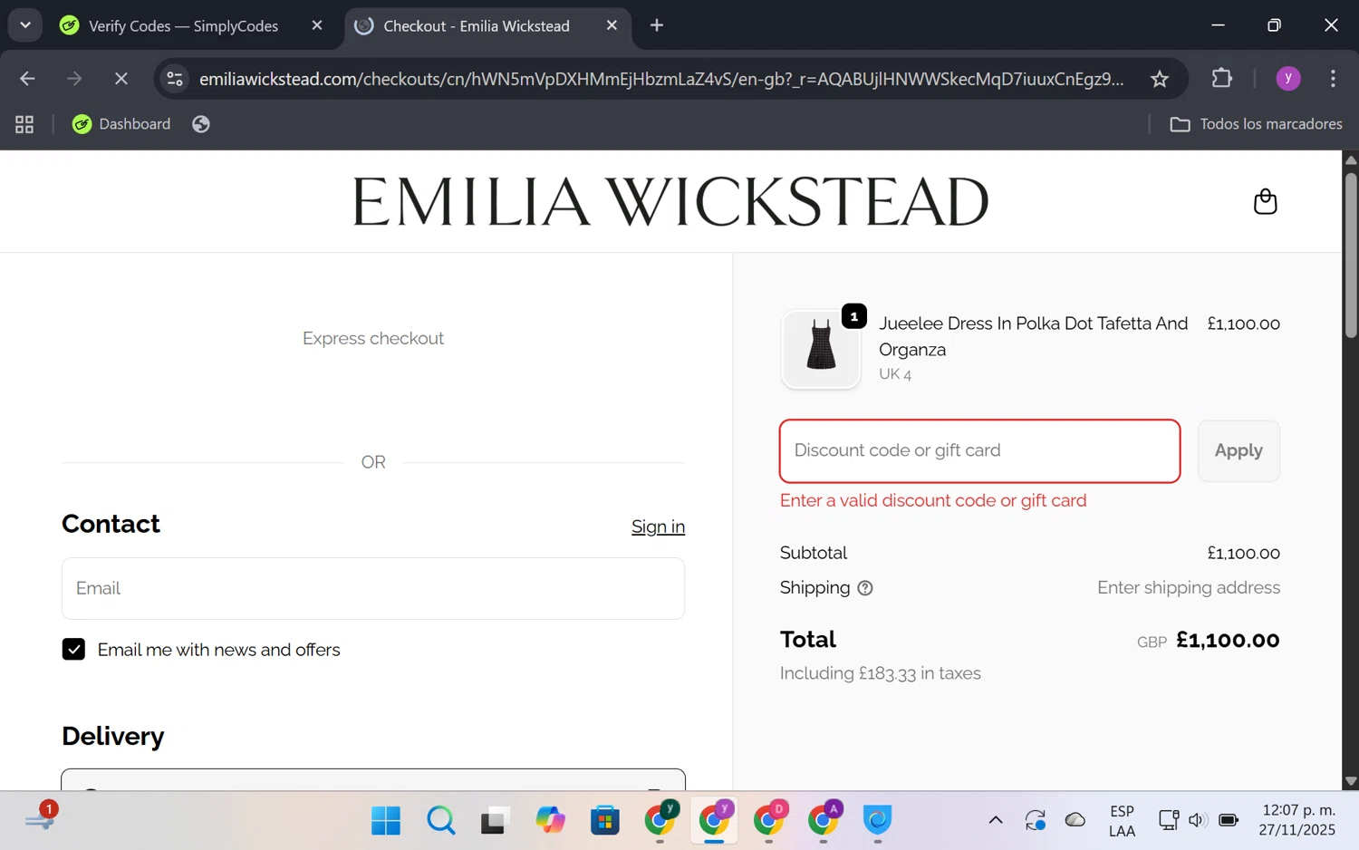 Emilia Wickstead promo code screenshot showing code VIP40 applied at Emilia Wickstead checkout page. Uploaded by SimplyCodes community member FrugalKnight6753 on Nov 27, 2025
