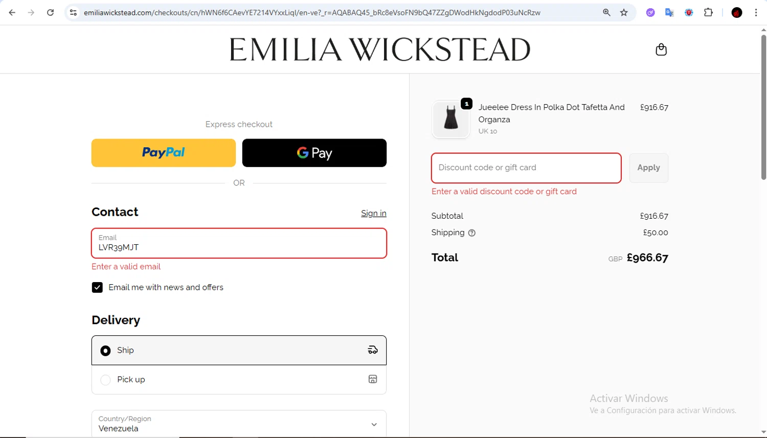Emilia Wickstead promo code screenshot showing code LVR39MJT applied at Emilia Wickstead checkout page. Uploaded by SimplyCodes community member Francisco01 on Dec 20, 2025