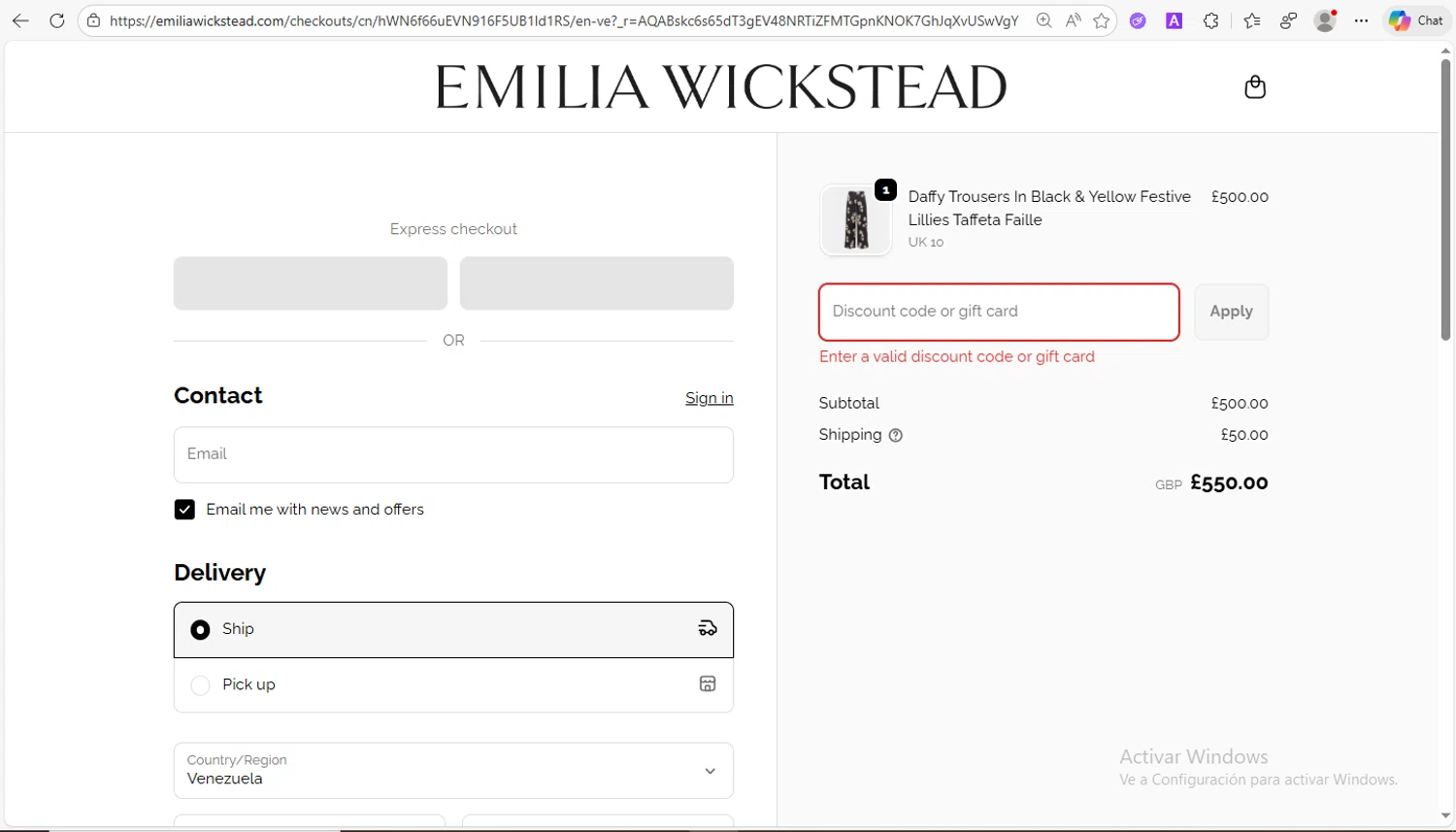 Emilia Wickstead promo code screenshot showing code LVR39MJT applied at Emilia Wickstead checkout page. Uploaded by SimplyCodes community member VoucherWhiz9254 on Dec 20, 2025
