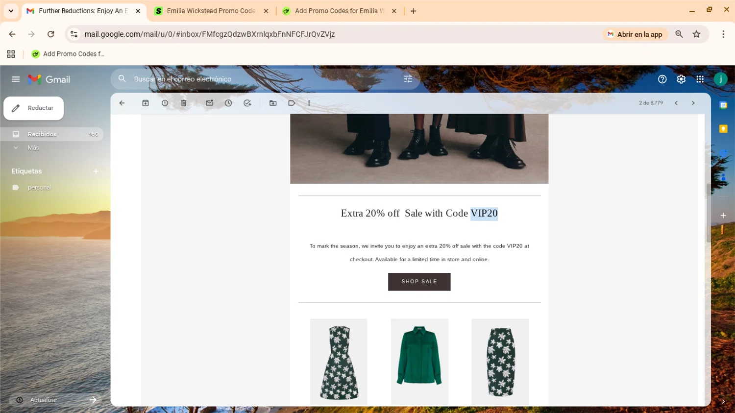 Emilia Wickstead promo code screenshot showing code VIP20 applied at Emilia Wickstead checkout page. Uploaded by SimplyCodes community member yennifergonzalez on Dec 26, 2025