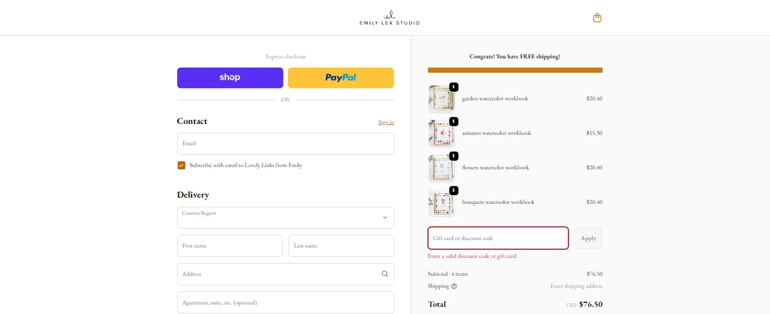 Emily Lex Studio discount code screenshot showing code SAVE10 applied at Emily Lex Studio checkout page. Uploaded by SimplyCodes community member Ronita_832988044 on Nov 27, 2025