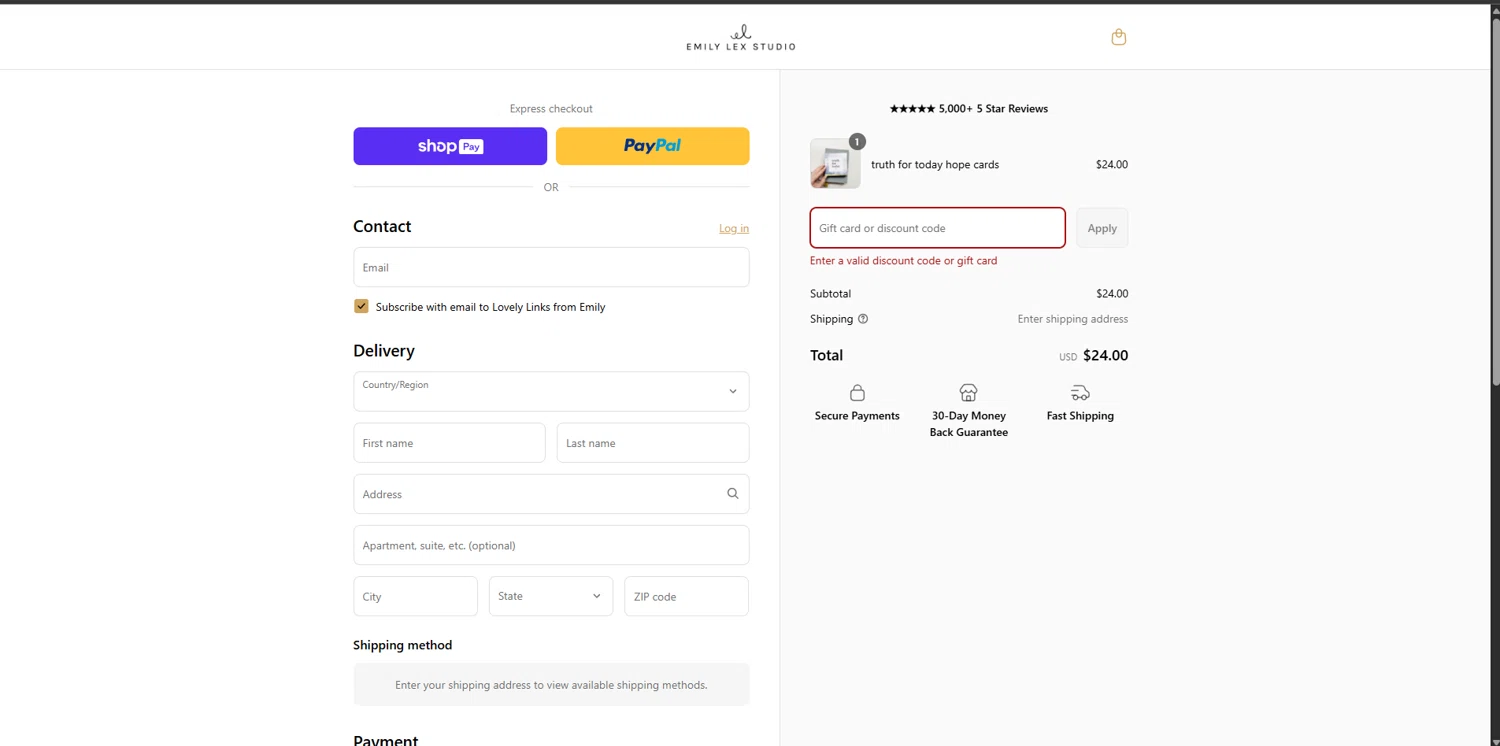 Emily Lex Studio discount code screenshot showing code fun applied at Emily Lex Studio checkout page. Uploaded by SimplyCodes community member DiscountScholar7793 on Aug 11, 2025