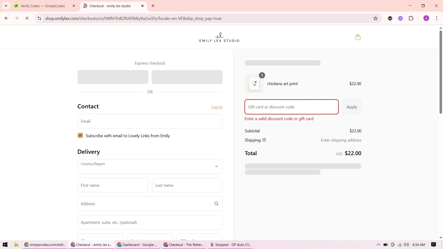 Emily Lex Studio discount code screenshot showing code fun applied at Emily Lex Studio checkout page. Uploaded by SimplyCodes community member ShrewdMaverick9198 on Aug 11, 2025