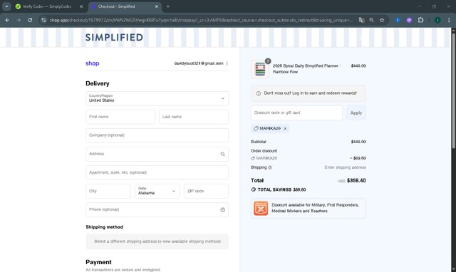 Emily Ley checkout page showing Emily Ley promo code box | Screenshot taken by SimplyCodes community member on Sep 2, 2025