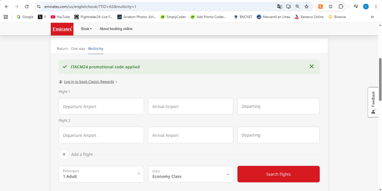 Emirates promo code screenshot showing code ITACM24 applied at Emirates checkout page. Uploaded by SimplyCodes community member victor on Jun 1, 2026