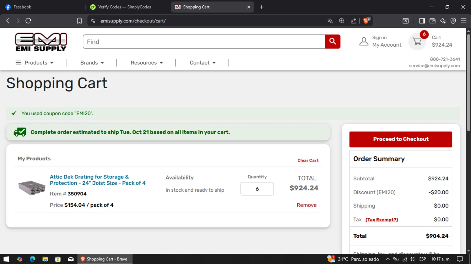 EMI Supply coupon code screenshot showing code EMI20 applied at EMI Supply checkout page. Uploaded by SimplyCodes community member FortunateAce9452 on Oct 18, 2025