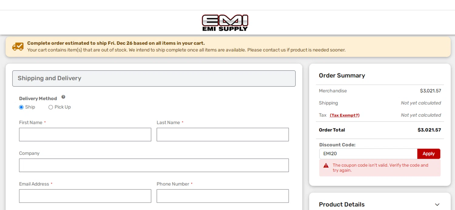 EMI Supply coupon code screenshot showing code EMI20 applied at EMI Supply checkout page. Uploaded by SimplyCodes community member obito1234 on Dec 19, 2025