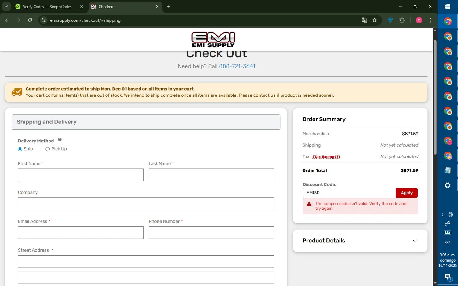 EMI Supply coupon code screenshot showing code EMI30 applied at EMI Supply checkout page. Uploaded by SimplyCodes community member LegendaryRanger6350 on Nov 16, 2025