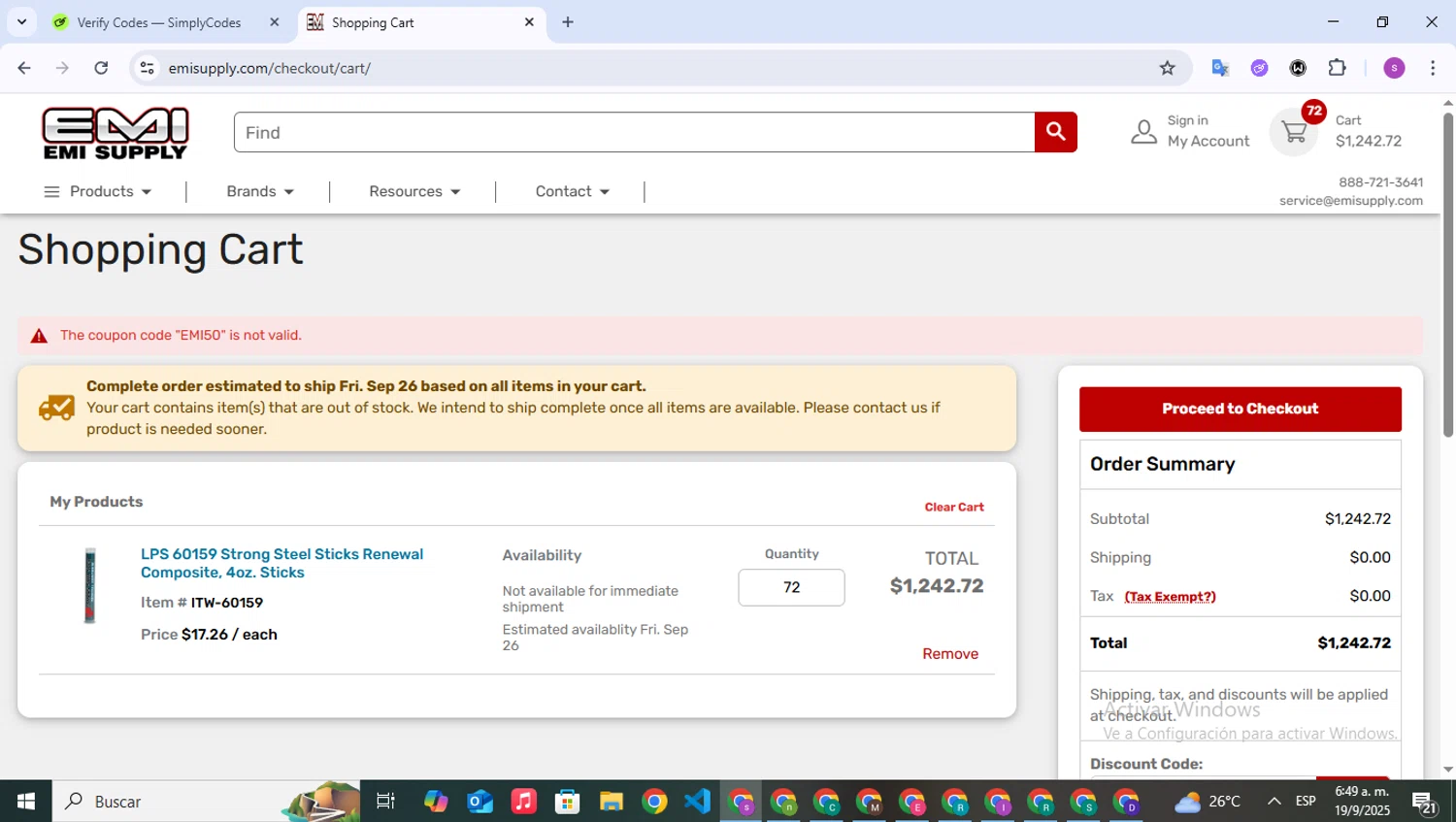 EMI Supply coupon code screenshot showing code EMI50 applied at EMI Supply checkout page. Uploaded by SimplyCodes community member WonderPioneer5062 on Sep 19, 2025