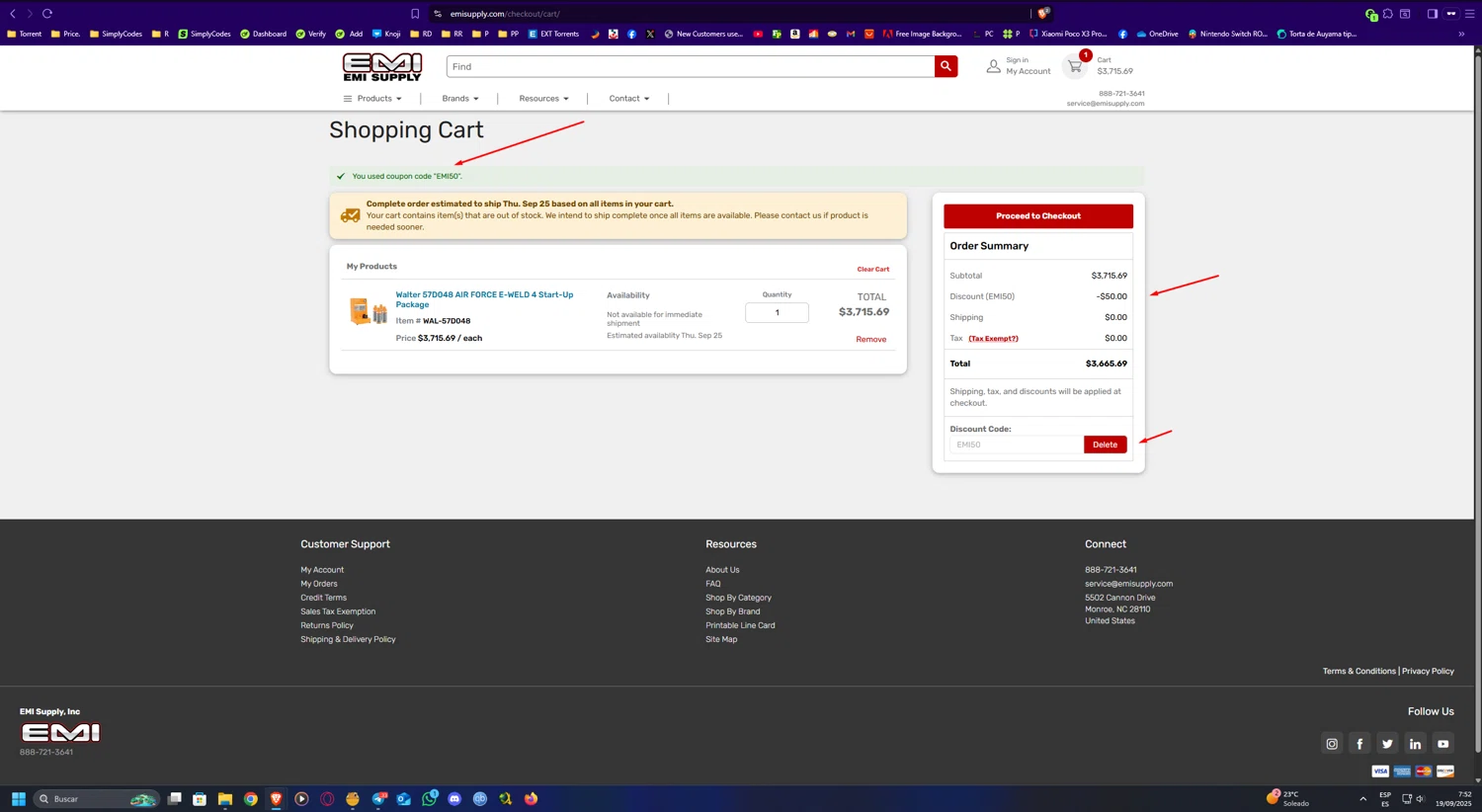 EMI Supply coupon code screenshot showing code EMI50 applied at EMI Supply checkout page. Uploaded by SimplyCodes community member UnkNownVnzla on Sep 19, 2025