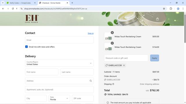 Emma Hardie checkout page showing Emma Hardie promo code box | Screenshot taken by SimplyCodes community member on Sep 13, 2025