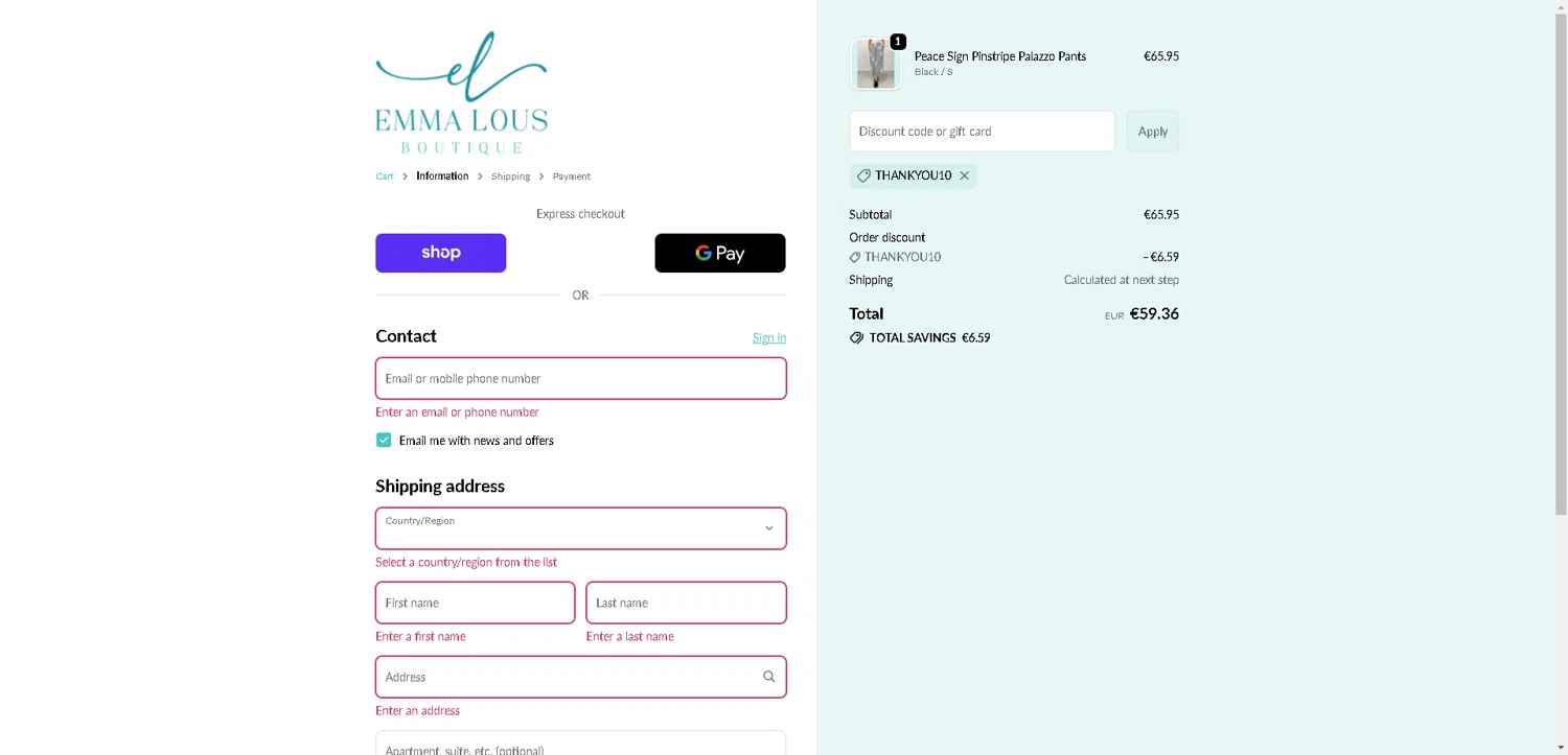 Emma Lou's Boutique coupon code screenshot showing code THANKYOU10 applied at Emma Lou's Boutique checkout page. Uploaded by SimplyCodes community member CleverLynx8583 on Oct 27, 2025
