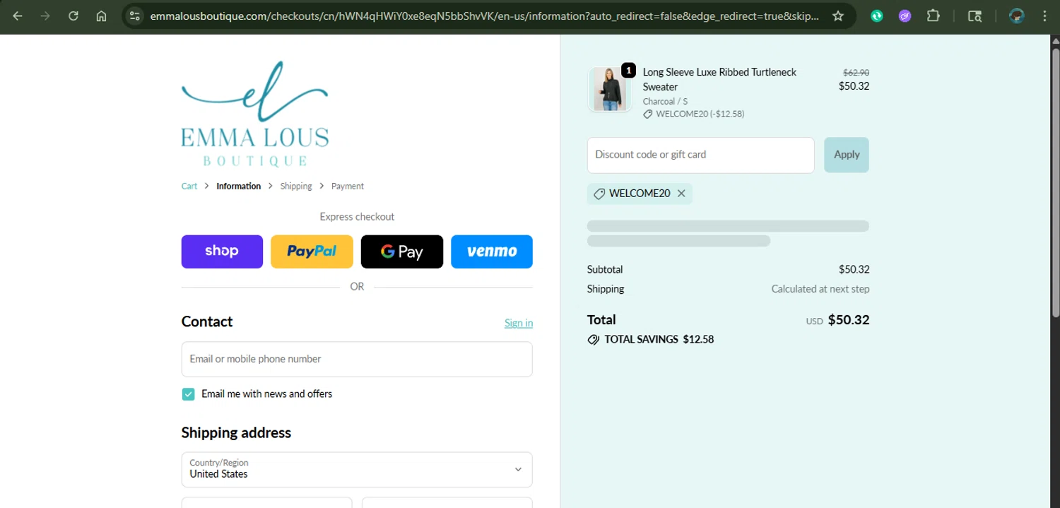 Emma Lou's Boutique coupon code screenshot showing code WELCOME20 applied at Emma Lou's Boutique checkout page. Uploaded by SimplyCodes community member xAngel on Nov 2, 2025