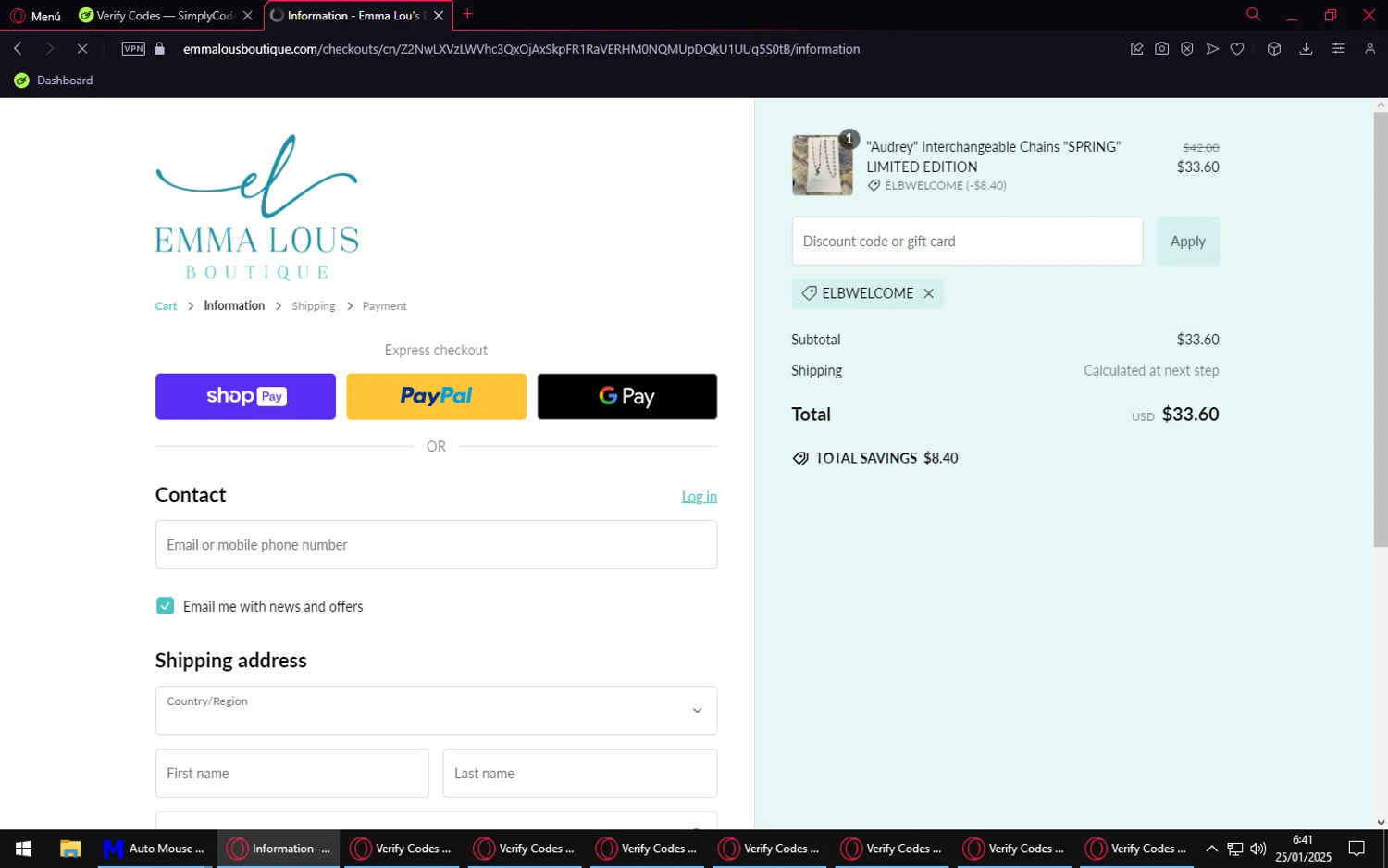 Emma Lou's Boutique coupon code screenshot showing code ELBWELCOME applied at Emma Lou's Boutique checkout page. Uploaded by SimplyCodes community member LuckyVirtuoso1831 on Jan 25, 2025