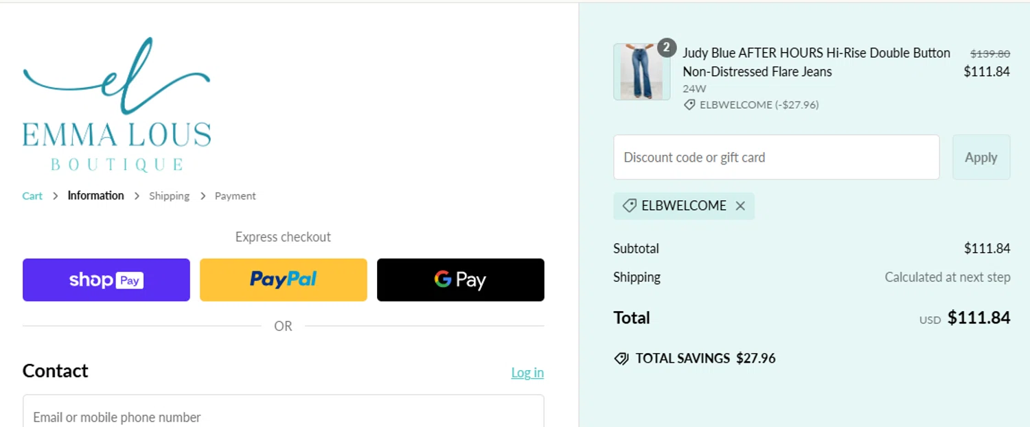 Emma Lou's Boutique coupon code screenshot showing code ELBWELCOME applied at Emma Lou's Boutique checkout page. Uploaded by SimplyCodes community member Eminem on Feb 16, 2025