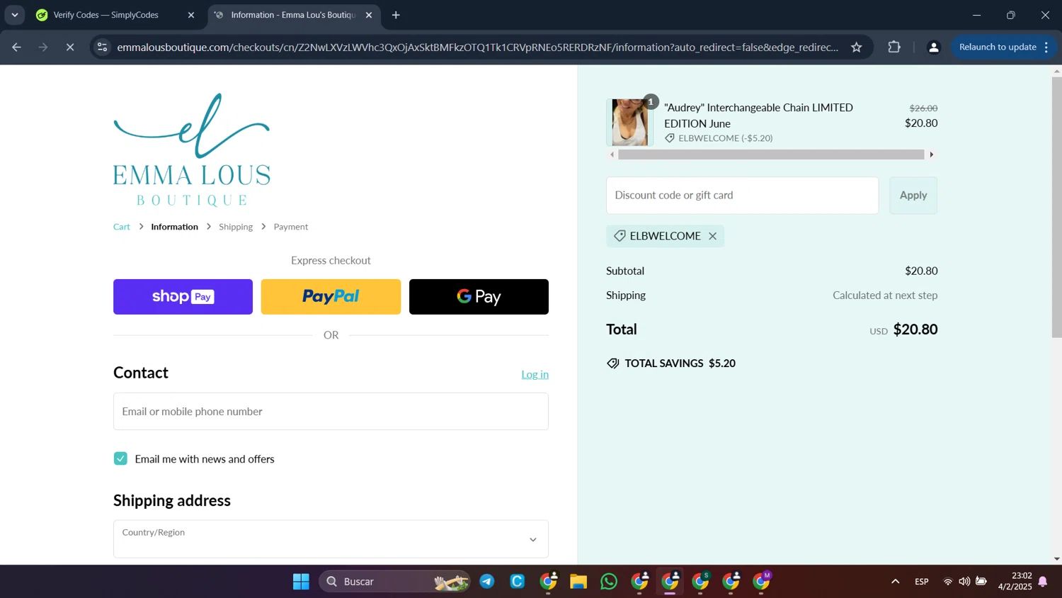 Emma Lou's Boutique coupon code screenshot showing code ELBWELCOME applied at Emma Lou's Boutique checkout page. Uploaded by SimplyCodes community member CleverFalcon6244 on Feb 5, 2025