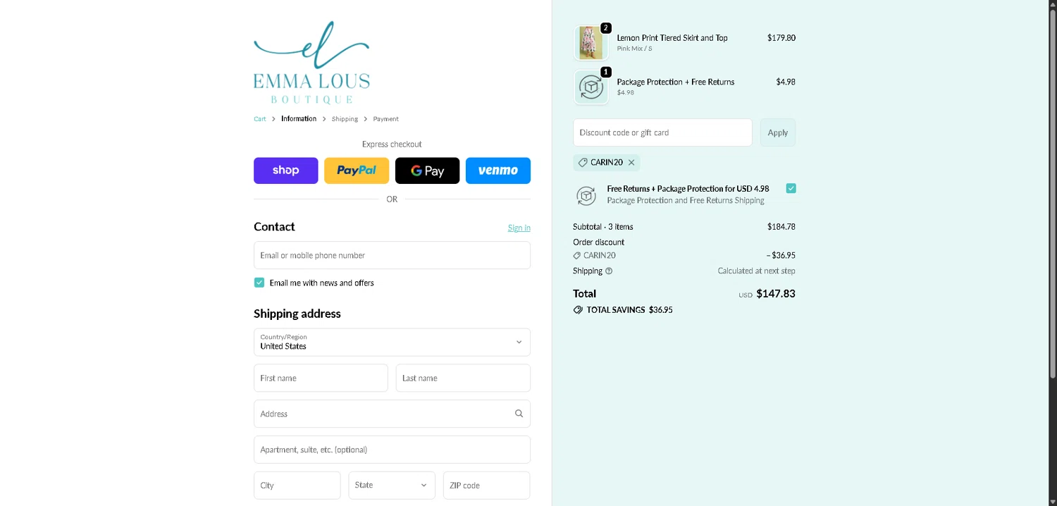 Emma Lou's Boutique checkout page showing Emma Lou's Boutique coupon code box | Screenshot taken by SimplyCodes community member on Feb 18, 2026