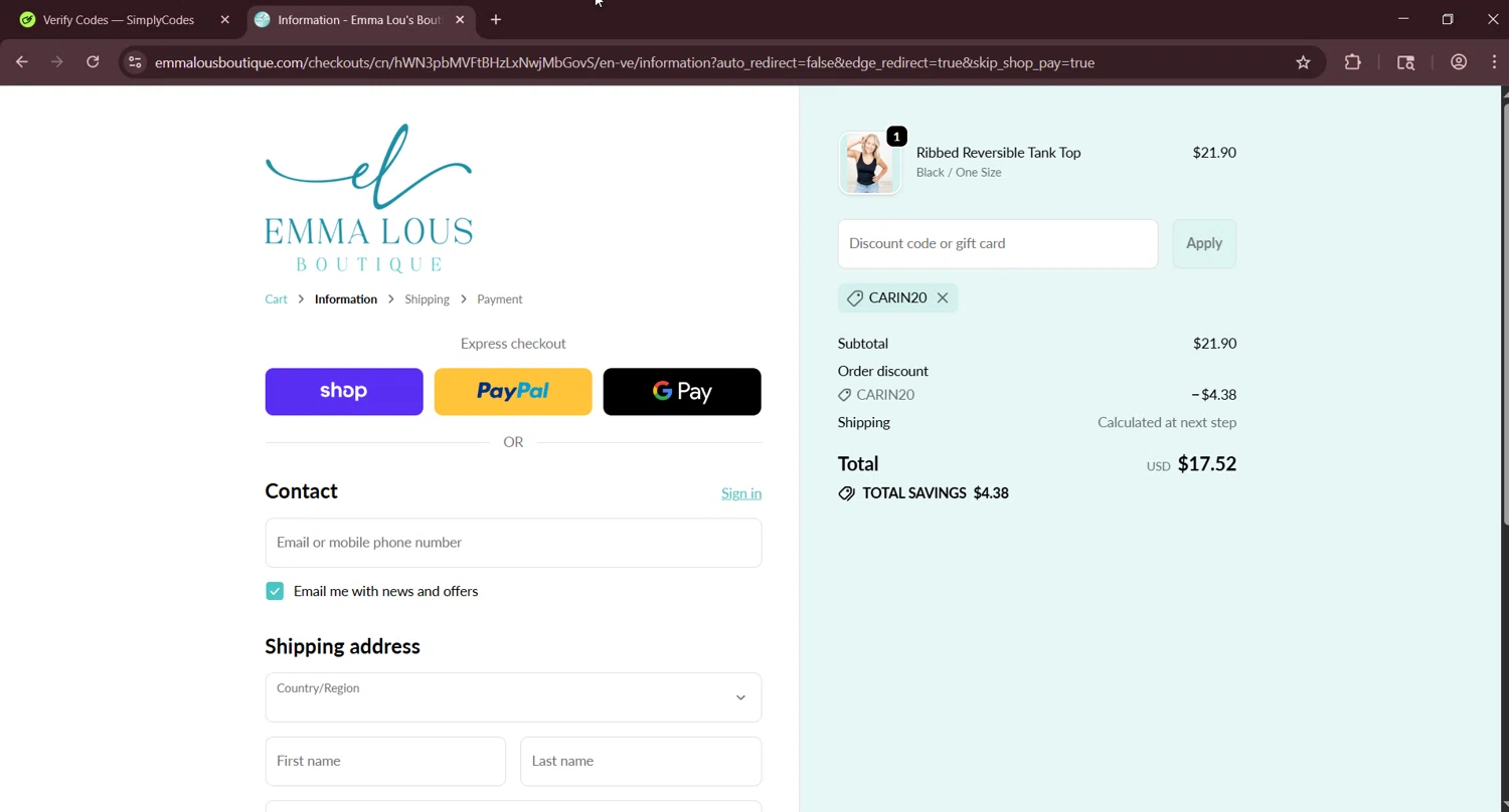 Emma Lou's Boutique coupon code screenshot showing code Carin20 applied at Emma Lou's Boutique checkout page. Uploaded by SimplyCodes community member LuckyNavigator1490 on Oct 7, 2025
