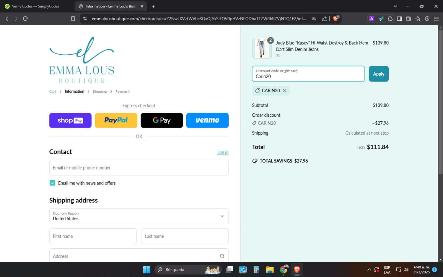 Emma Lou's Boutique coupon code screenshot showing code Carin20 applied at Emma Lou's Boutique checkout page. Uploaded by SimplyCodes community member MonkyDLuffy on Mar 31, 2025
