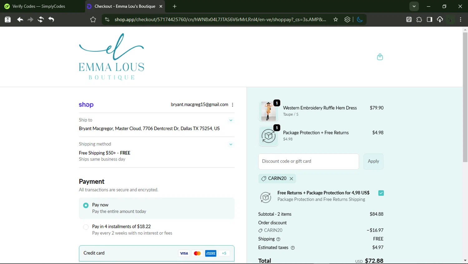 Emma Lou's Boutique checkout page showing Emma Lou's Boutique coupon code box | Screenshot taken by SimplyCodes community member on Feb 19, 2026