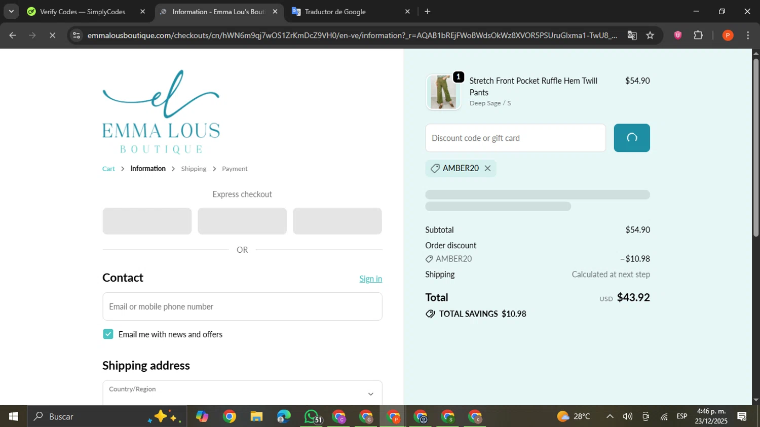 Emma Lou's Boutique coupon code screenshot showing code AMBER20 applied at Emma Lou's Boutique checkout page. Uploaded by SimplyCodes community member VictoriousCaptain2658 on Dec 23, 2025
