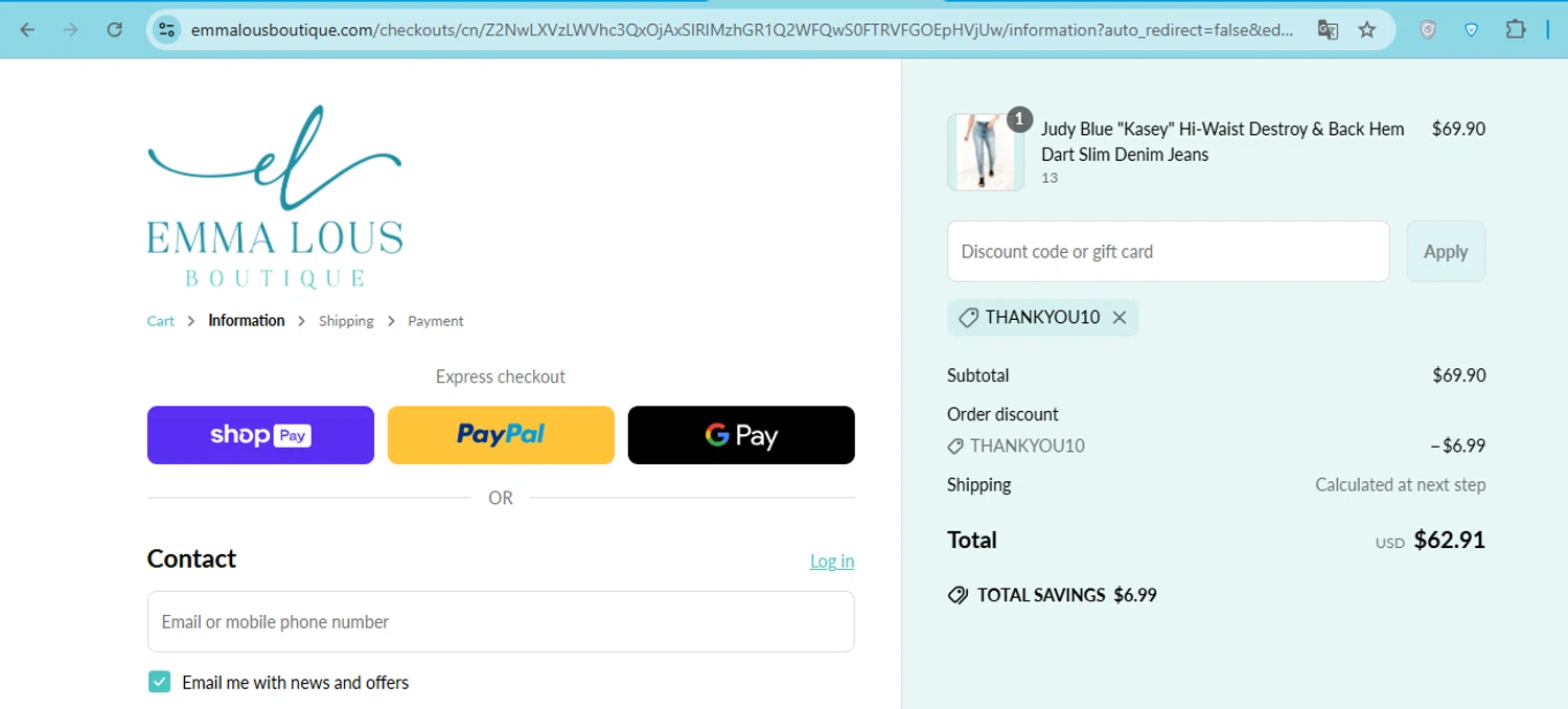 Emma Lou's Boutique coupon code screenshot showing code thankyou10 applied at Emma Lou's Boutique checkout page. Uploaded by SimplyCodes community member carol_lameda on May 5, 2025