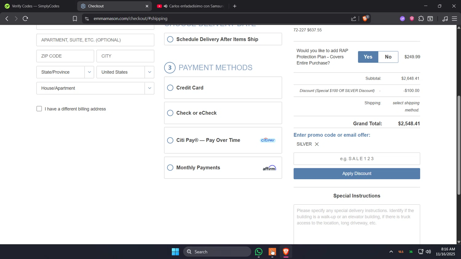 Emma Mason discount code screenshot showing code SILVER applied at Emma Mason checkout page. Uploaded by SimplyCodes community member Holadiablo on Nov 16, 2025