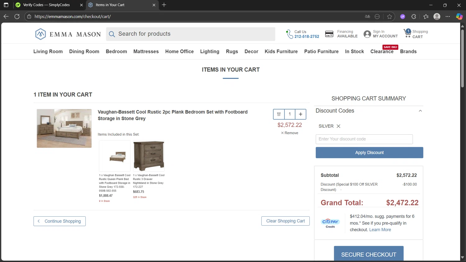 Emma Mason discount code screenshot showing code SILVER applied at Emma Mason checkout page. Uploaded by SimplyCodes community member Sisisiisi on Oct 18, 2025