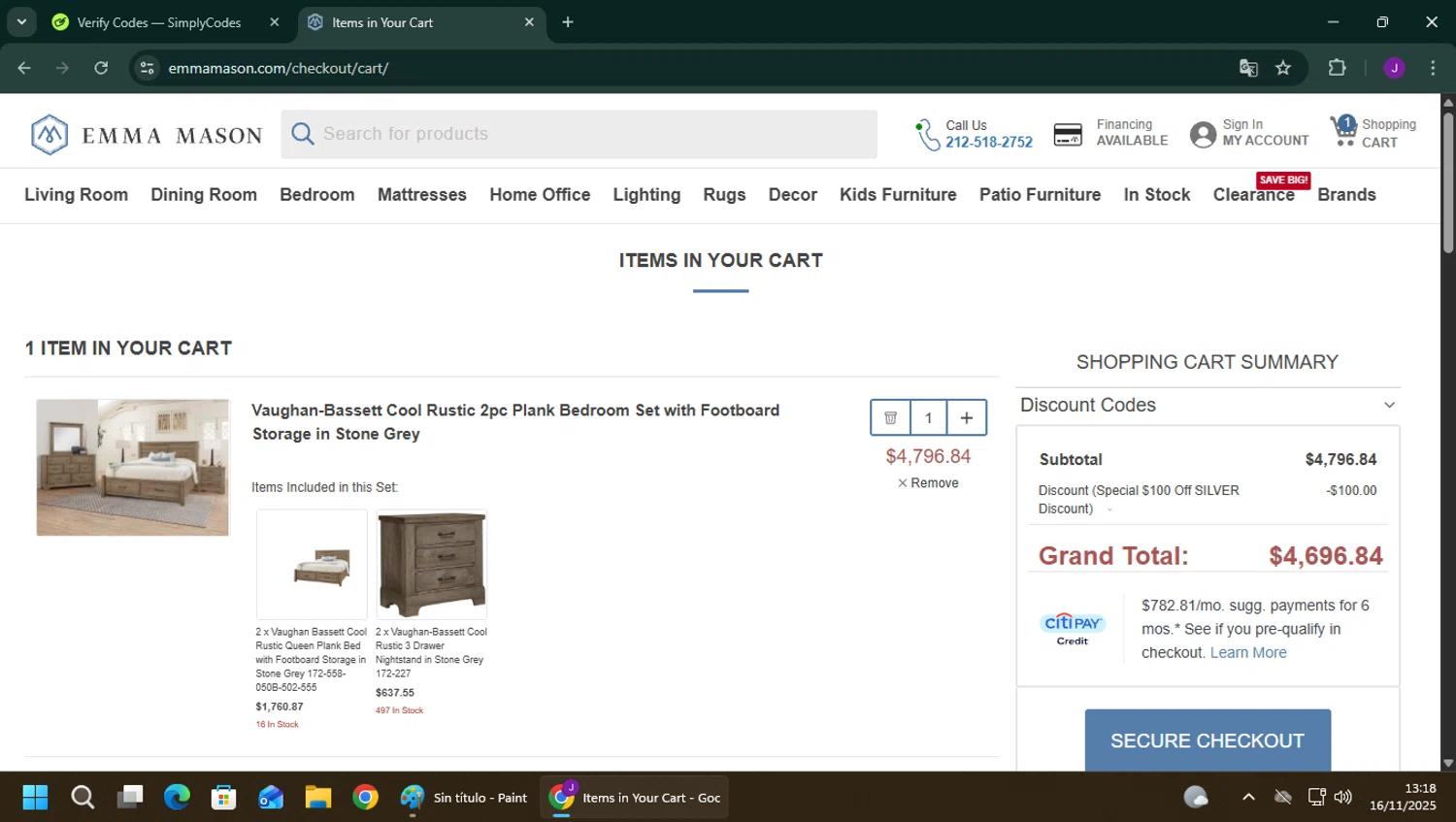 Emma Mason discount code screenshot showing code SILVER applied at Emma Mason checkout page. Uploaded by SimplyCodes community member YutakaH0shin0 on Nov 16, 2025