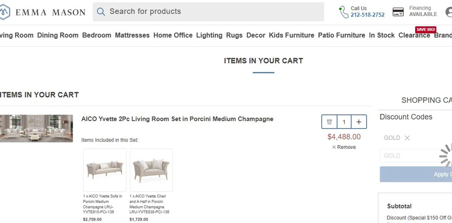 Emma Mason discount code screenshot showing code GOLD applied at Emma Mason checkout page. Uploaded by SimplyCodes community member Olorinnnnn on Jun 26, 2025